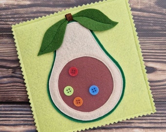 Page of personalized felt baby quiet book. Page of montessori soft activity book for toddler.