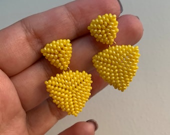 Yellow Seed Bead Triangle Earrings Geometric Sculptural Statement Jewelry