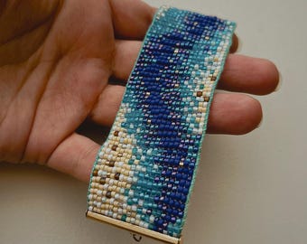 Wide Beaded Cuff Bracelet – Coastal Blue Handmade Boho Seed Bead Jewelry