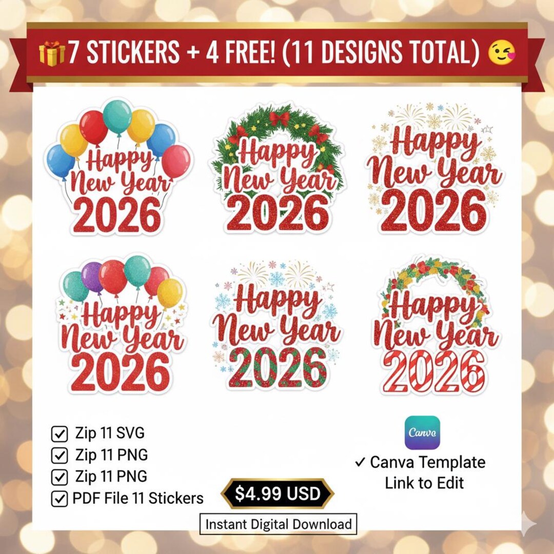 Years Sticker Bundle 2026 Happy New Year Sticker Bundle | 11 Unique Designs (7+4 FREE ...