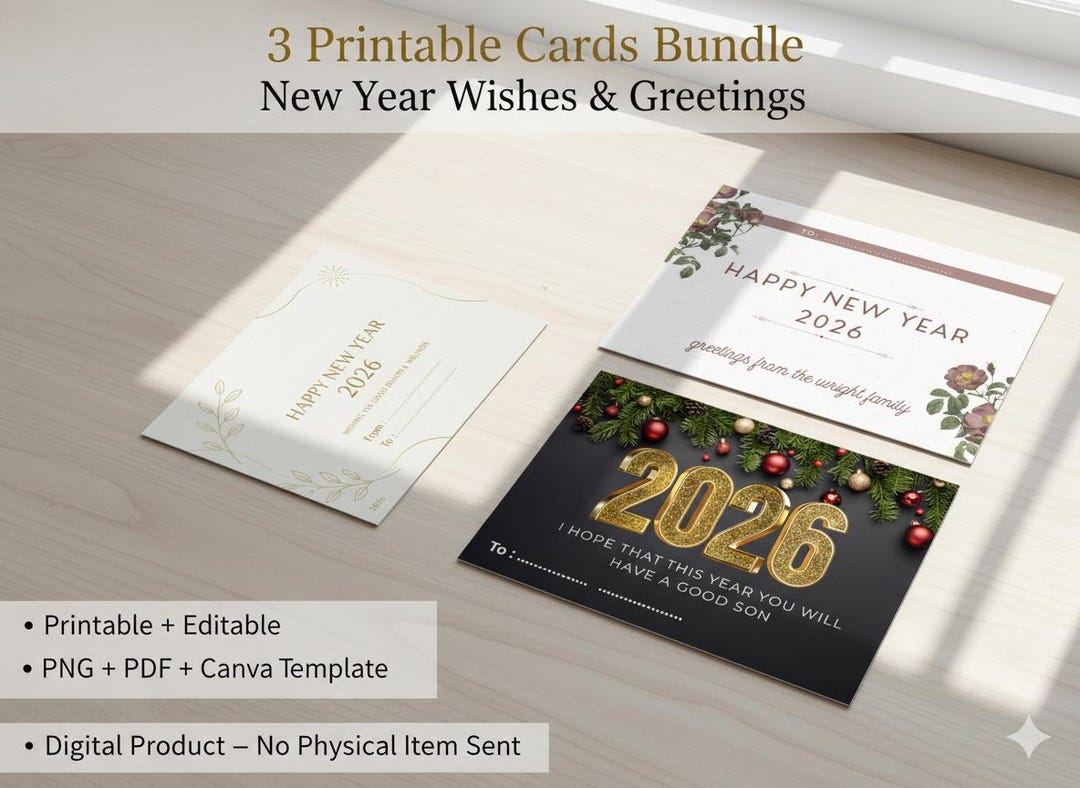 New Year 2026 Wishes Cards ,20 Printable and Editable Cards, Digital ...
