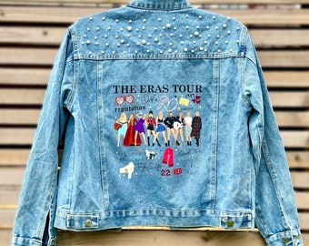Custom Taylor Eras Tour / Albums denim jacket with pearls and surprise tour badge :)