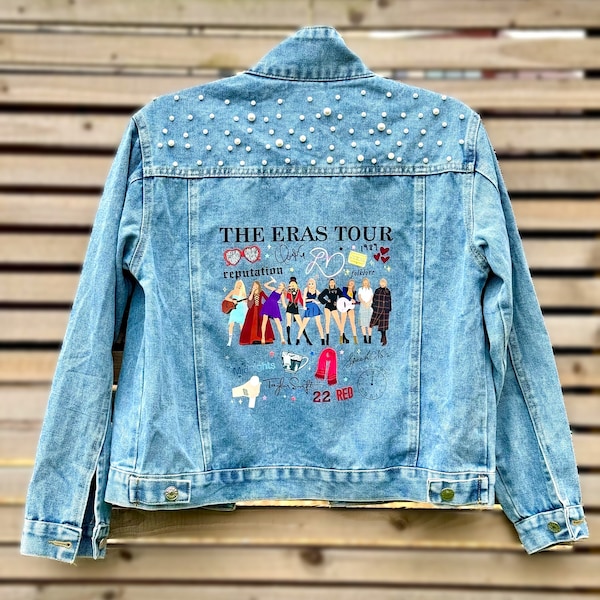 Custom Taylor Eras Tour / Albums denim jacket with pearls and surprise tour badge :)