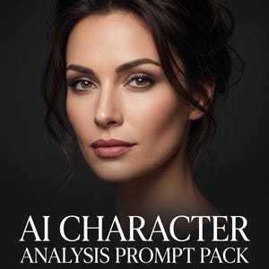 Op de afbeelding: Een digitale downloadafbeelding met een portret van een persoon met donker haar en bruine ogen. De tekst luidt AI, AI CHARACTER ANALYSIS PROMPT PACK, 5 PROFESSIONAL PROMPTS en DIGITAL DOWNLOAD. De achtergrond is een effen donkergrijze kleur.