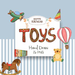 Clip Art de Brinquedos de Bebê, Brinquedos Fofos PNG, Decoração de Quarto Infantil, Clip Art Digital de Brinquedos Vintage, Adesivo de Bebê Alegre, Clipart Desenhado à Mão, Adesivo de Berçário