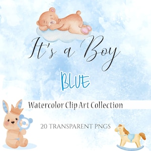 Baby Boy Watercolor Stickers, Baby Room Clipart, Newborn Boy Clipart, Baby Boy Shower PNG,  Sweet Baby Boy Clipart, Watercolor Blue Baby Set