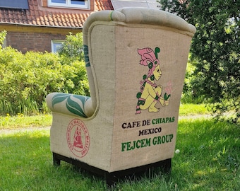 Sustainable vintage armchair made from recycled coffee sacks - part of the "Sostinible Chiapas Collection" by CAFFAHHAUS
