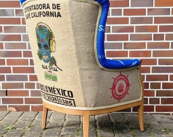 Sustainable vintage armchair made from recycled coffee sacks - part of the "Sostinible Calavera Collection" by CAFFAHHAUS