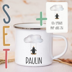 Personalisierte Emaille Tasse A6 Affirmationskarte Postkarte Geschenkset Mutmacher Selbstliebe Metallbecher Campingtasse mit Wunschnamen
