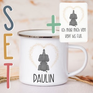 Personalisierte Emaille Tasse A6 Affirmationskarte Postkarte Geschenkset Mutmacher Selbstliebe Metallbecher Campingtasse mit Wunschnamen