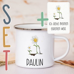 Personalisierte Emaille Tasse A6 Affirmationskarte Postkarte Geschenkset Mutmacher Selbstliebe Metallbecher Campingtasse mit Wunschnamen
