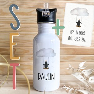 Personalisierbare Trinkflasche mit Wunschnamen Edelstahl 0.5l für Kinder Schule Kita Affirmationskarte A6 Achtsamkeit Mutmacher Geschenk
