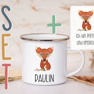 Personalisierte Emaille Tasse A6 Affirmationskarte Postkarte Geschenkset Mutmacher Selbstliebe Metallbecher Campingtasse mit Wunschnamen