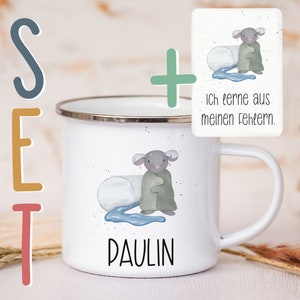 Personalisierte Emaille Tasse A6 Affirmationskarte Postkarte Geschenkset Mutmacher Selbstliebe Metallbecher Campingtasse mit Wunschnamen