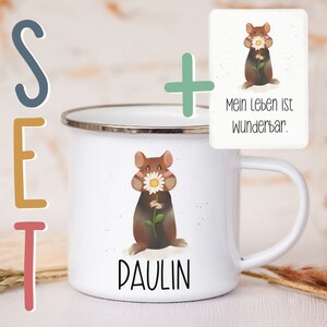 Personalisierte Emaille Tasse A6 Affirmationskarte Postkarte Geschenkset Mutmacher Selbstliebe Metallbecher Campingtasse mit Wunschnamen