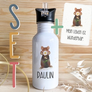 Personalisierbare Trinkflasche mit Wunschnamen Edelstahl 0.5l für Kinder Schule Kita Affirmationskarte A6 Achtsamkeit Mutmacher Geschenk