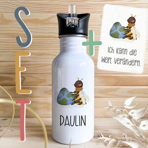 Personalisierbare Trinkflasche mit Wunschnamen Edelstahl 0.5l für Kinder Schule Kita Affirmationskarte A6 Achtsamkeit Mutmacher Geschenk