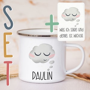 Personalisierte Emaille Tasse A6 Affirmationskarte Postkarte Geschenkset Mutmacher Selbstliebe Metallbecher Campingtasse mit Wunschnamen