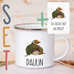 Personalisierte Emaille Tasse A6 Affirmationskarte Postkarte Geschenkset Mutmacher Selbstliebe Metallbecher Campingtasse mit Wunschnamen