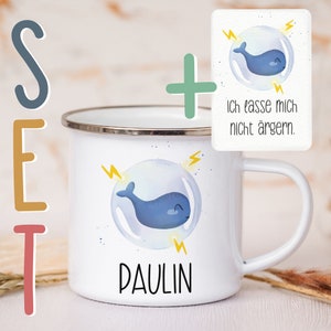 Personalisierte Emaille Tasse A6 Affirmationskarte Postkarte Geschenkset Mutmacher Selbstliebe Metallbecher Campingtasse mit Wunschnamen