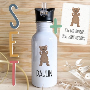 Personalisierbare Trinkflasche mit Wunschnamen Edelstahl 0.5l für Kinder Schule Kita Affirmationskarte A6 Achtsamkeit Mutmacher Geschenk