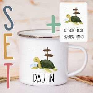 Personalisierte Emaille Tasse A6 Affirmationskarte Postkarte Geschenkset Mutmacher Selbstliebe Metallbecher Campingtasse mit Wunschnamen