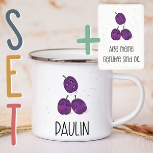 Personalisierte Emaille Tasse A6 Affirmationskarte Postkarte Geschenkset Mutmacher Selbstliebe Metallbecher Campingtasse mit Wunschnamen