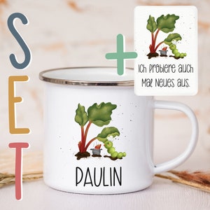 Personalisierte Emaille Tasse A6 Affirmationskarte Postkarte Geschenkset Mutmacher Selbstliebe Metallbecher Campingtasse mit Wunschnamen
