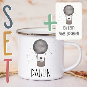 Personalisierte Emaille Tasse A6 Affirmationskarte Postkarte Geschenkset Mutmacher Selbstliebe Metallbecher Campingtasse mit Wunschnamen