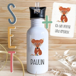 Personalisierbare Trinkflasche mit Wunschnamen Edelstahl 0.5l für Kinder Schule Kita Affirmationskarte A6 Achtsamkeit Mutmacher Geschenk