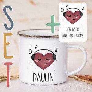 Personalisierte Emaille Tasse A6 Affirmationskarte Postkarte Geschenkset Mutmacher Selbstliebe Metallbecher Campingtasse mit Wunschnamen