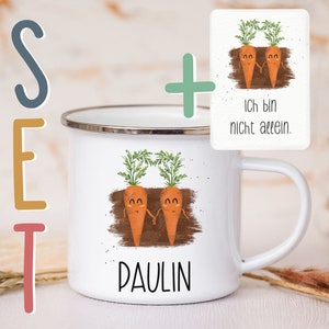 Taza esmaltada personalizada A6, tarjeta de afirmación, postal, juego de regalo, taza de metal para el amor propio, taza de camping con el nombre deseado