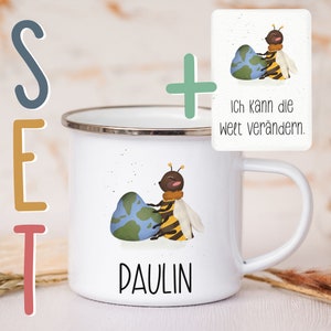 Personalisierte Emaille Tasse A6 Affirmationskarte Postkarte Geschenkset Mutmacher Selbstliebe Metallbecher Campingtasse mit Wunschnamen