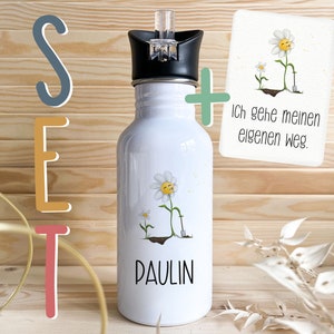Personalisierbare Trinkflasche mit Wunschnamen Edelstahl 0.5l für Kinder Schule Kita Affirmationskarte A6 Achtsamkeit Mutmacher Geschenk