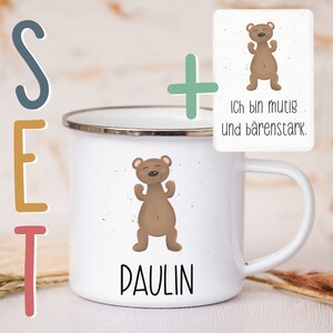 Personalisierte Emaille Tasse A6 Affirmationskarte Postkarte Geschenkset Mutmacher Selbstliebe Metallbecher Campingtasse mit Wunschnamen