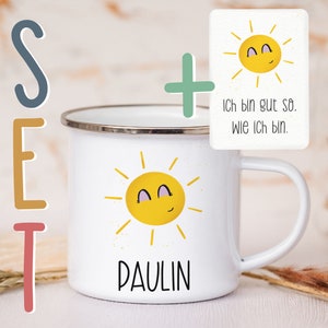 Personalisierte Emaille Tasse A6 Affirmationskarte Postkarte Geschenkset Mutmacher Selbstliebe Metallbecher Campingtasse mit Wunschnamen