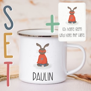 Personalisierte Emaille Tasse A6 Affirmationskarte Postkarte Geschenkset Mutmacher Selbstliebe Metallbecher Campingtasse mit Wunschnamen