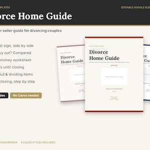 May include: A 14-page Divorce Home Guide template for Google Slides. The document features a list of topics including equity worksheets and closing steps. Three color variations are displayed, each with a title, subtitle, and placeholders for client names and property details.