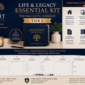Peut inclure: Un classeur Life & Legacy Essential Kit Tier 2, manuel numérique imprimable, avec une couverture bleu foncé et un logo d'arbre doré. Il contient des sections pour les informations ménagères, numériques, animaux, véhicules, objets de valeur et conseillers.