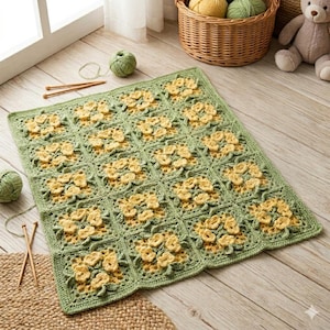 Può includere: Una coperta all'uncinetto fatta a mano con un motivo floreale. La coperta è quadrata, con uno sfondo verde e motivi floreali gialli. Sono visibili ferri da maglia e gomitoli di lana, che suggeriscono un progetto artigianale. La coperta misura circa 91 cm quadrati.