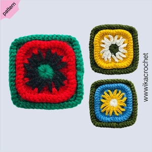 Red flower Granny square crochet pattern for pillow and baby blanket. Scallop pattern