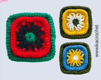 Red flower Granny square crochet pattern for pillow and baby blanket. Scallop pattern