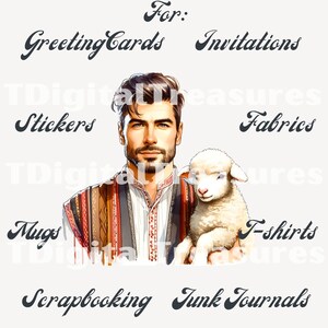 Pu&ograve; includere: Un'illustrazione digitale di un uomo con la barba che tiene un agnello bianco. L'uomo indossa una camicia e un gilet con un motivo tradizionale. L'immagine &egrave; adatta per l'uso in biglietti d'auguri, inviti, adesivi, tessuti, tazze, t-shirt, scrapbooking e diari di scarto.