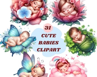Può includere: Una collezione di 31 immagini clipart di simpatici bambini. Le illustrazioni presentano bambini che dormono rannicchiati in fiori, ali di farfalla e nuvole. I bambini sono raffigurati in colori tenui con accenti floreali e pastello.