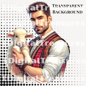 Pu&ograve; includere: Un uomo con la barba e una camicia bianca tiene in braccio un agnello bianco. Indossa un gilet a quadri rossi e neri con una fascia bianca. Lo sfondo &egrave; un motivo a pois bianchi.