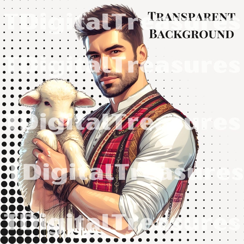 Pu&ograve; includere: Un uomo con la barba e una camicia bianca tiene in braccio un agnello bianco. Indossa un gilet a quadri rossi e neri con una fascia bianca. Lo sfondo &egrave; un motivo a pois bianchi.