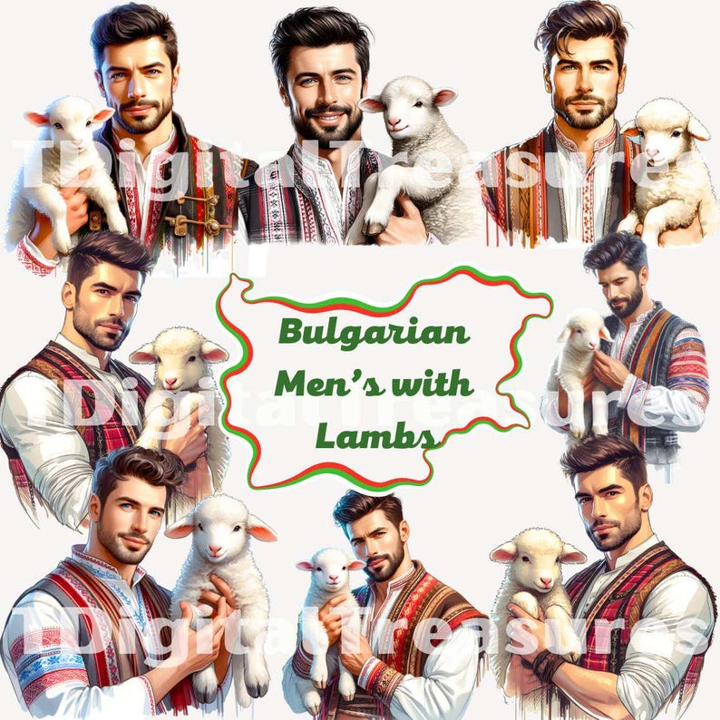 Pu&ograve; includere: Un collage digitale di uomini in abiti tradizionali bulgari che tengono in braccio degli agnelli. Il testo "Bulgarian Men's with Lambs" &egrave; visualizzato in un contorno verde e bianco della Bulgaria.