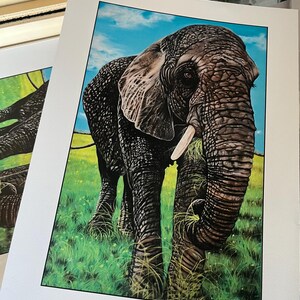 Può includere: Un disegno dettagliato di un elefante in un campo erboso. L'elefante è rivolto verso lo spettatore e ha la proboscide sollevata, come se stesse per mangiare dell'erba. L'elefante è disegnato in tonalità di grigio e marrone, con una superficie testurizzata per rappresentare la sua pelle. Lo sfondo è un campo verde brillante con un cielo blu.