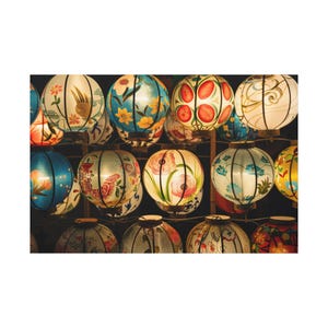 Spring Flowers Japanese Paper Lanterns: Colorful Lantern Canvas Art, Vibrant Home Decor, Asian Inspired Art, Festival Decor, Cozy Atmosphere