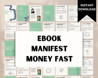 May include: Ebook cover with the title "EBOOK MANIFEST MONEY FAST" in a green and white color scheme. The cover features illustrations of a brain, a book, and a sun.